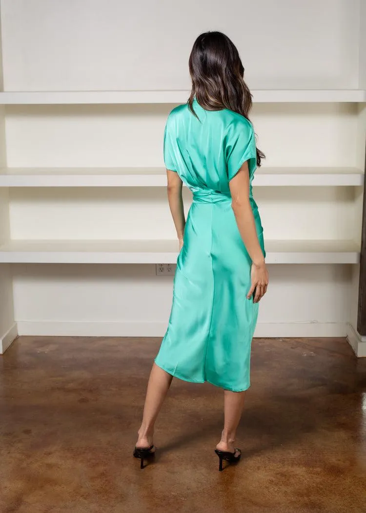 Abaco Short Sleeve Ruched Tie Waist Dress - Biscay Green-***FINAL SALE***