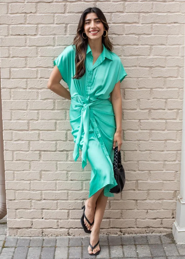 Abaco Short Sleeve Ruched Tie Waist Dress - Biscay Green-***FINAL SALE***