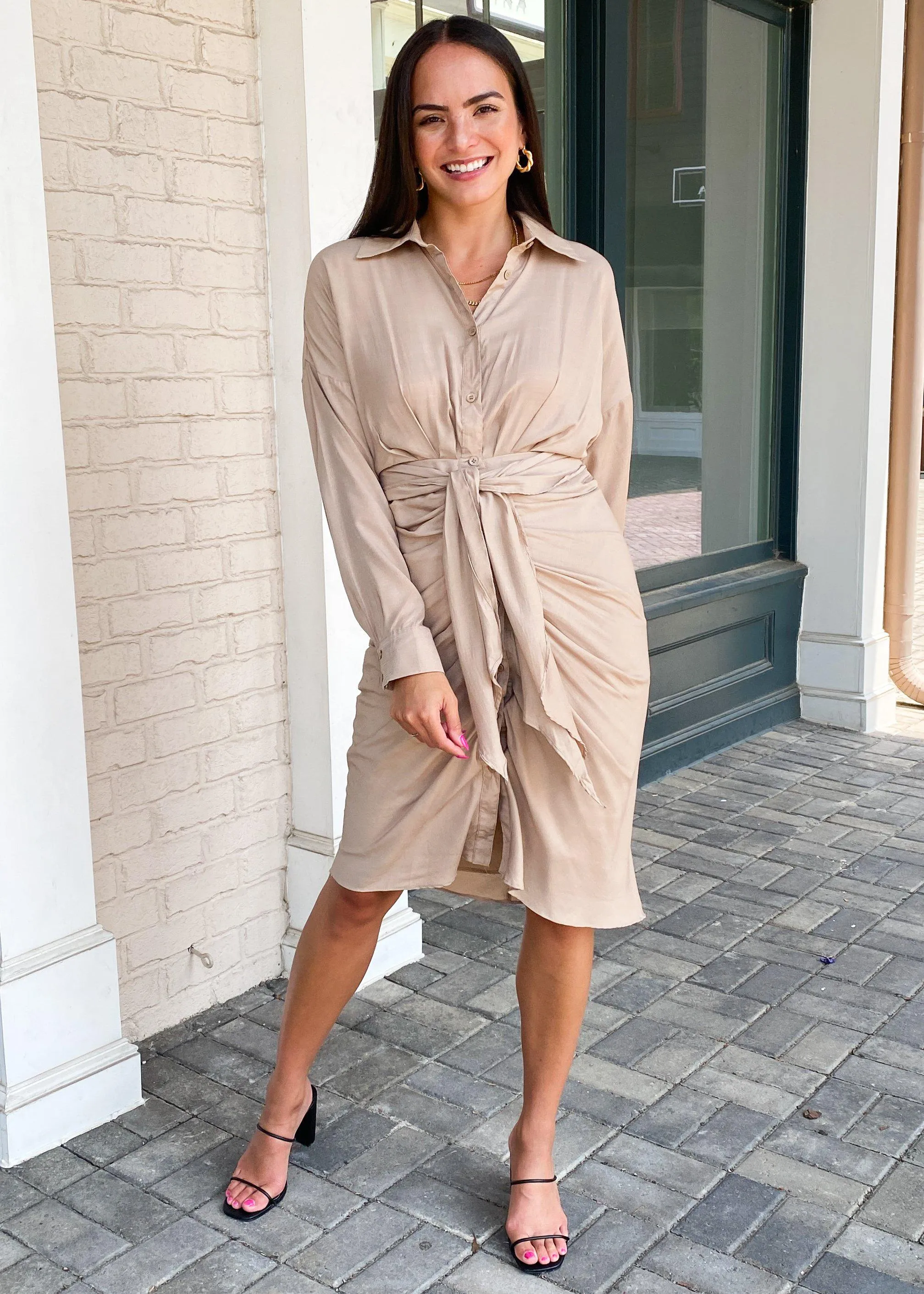 Antonia Long Sleeve Ruched Tie Waist Shirtdress-Taupe ***FINAL SALE***