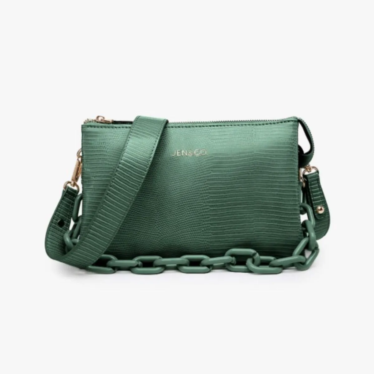 Jen & Co Izzy Lizard Crossbody With Chain Strap In Green