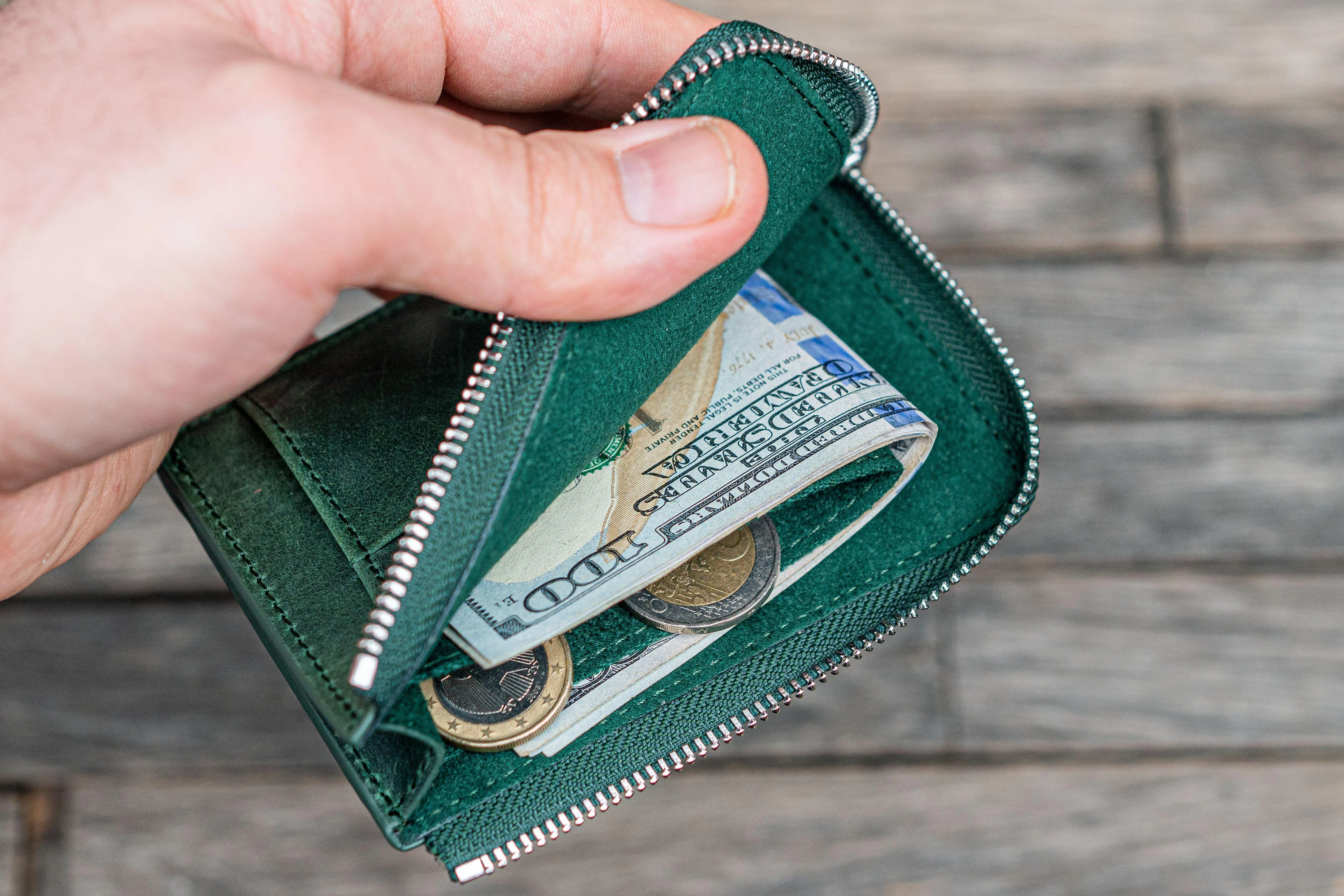 Leather Zippered Mega Mini Wallet - Crazy Horse Forest Green