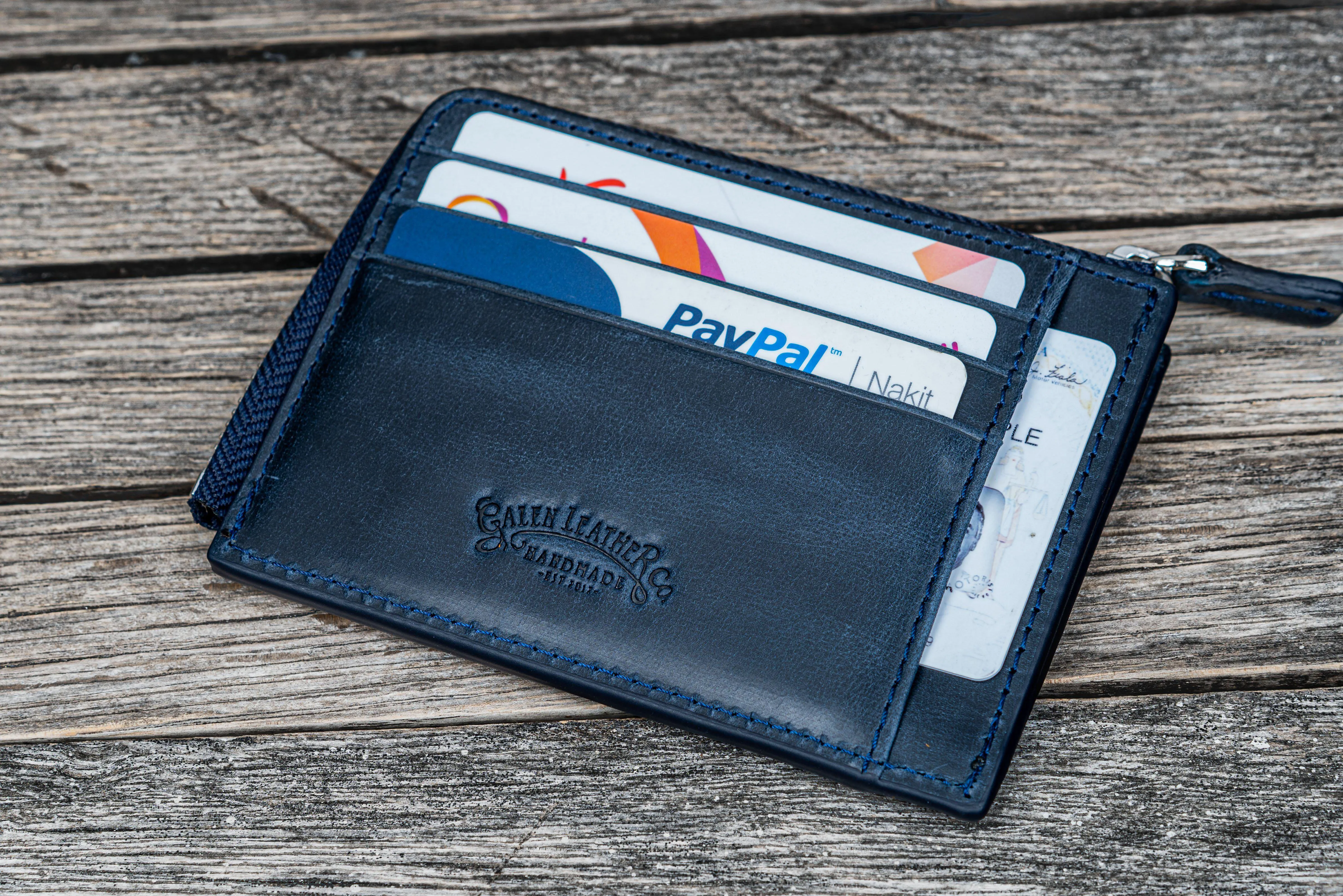 Leather Zippered Mega Mini Wallet - Crazy Horse Navy Blue