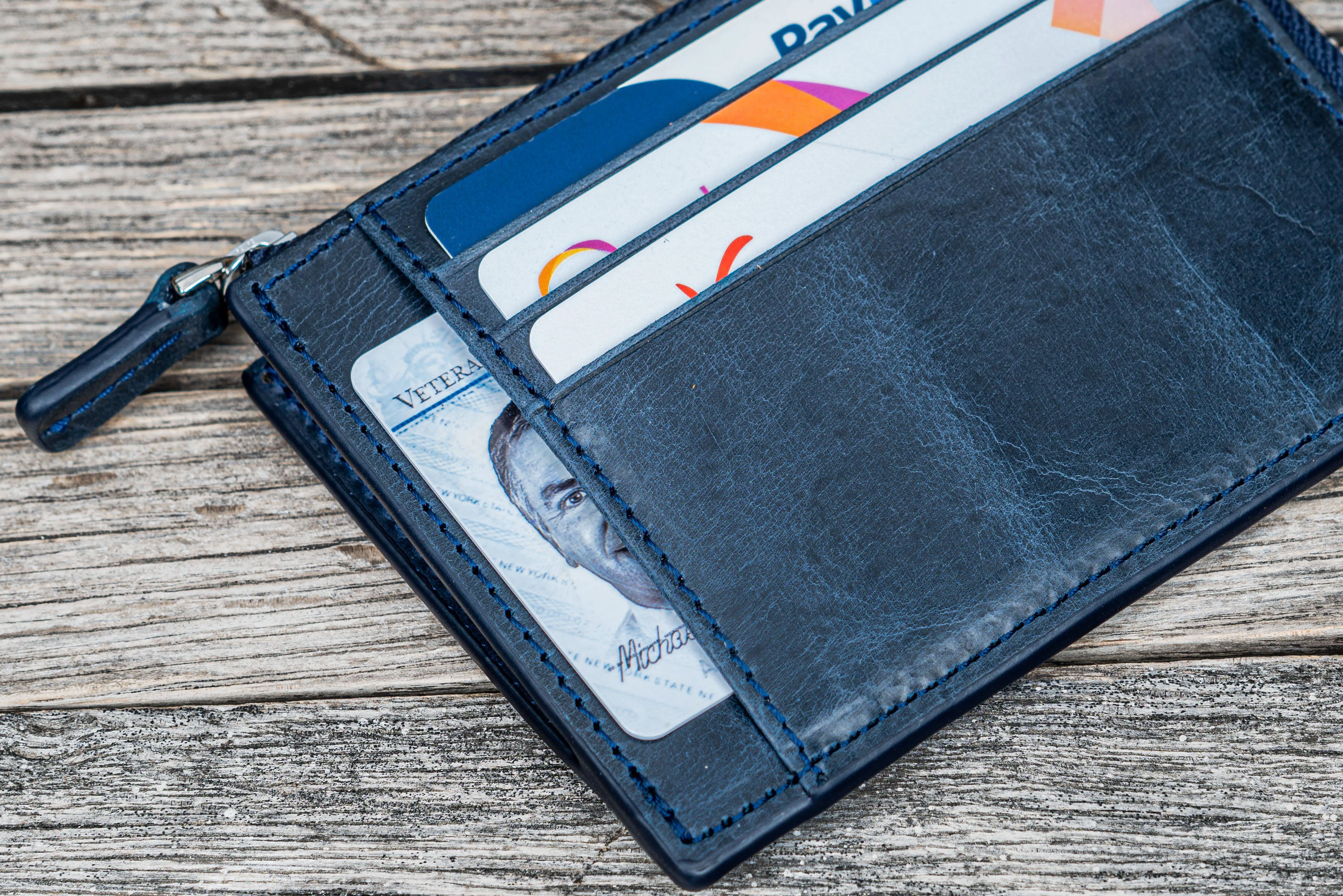 Leather Zippered Mega Mini Wallet - Crazy Horse Navy Blue