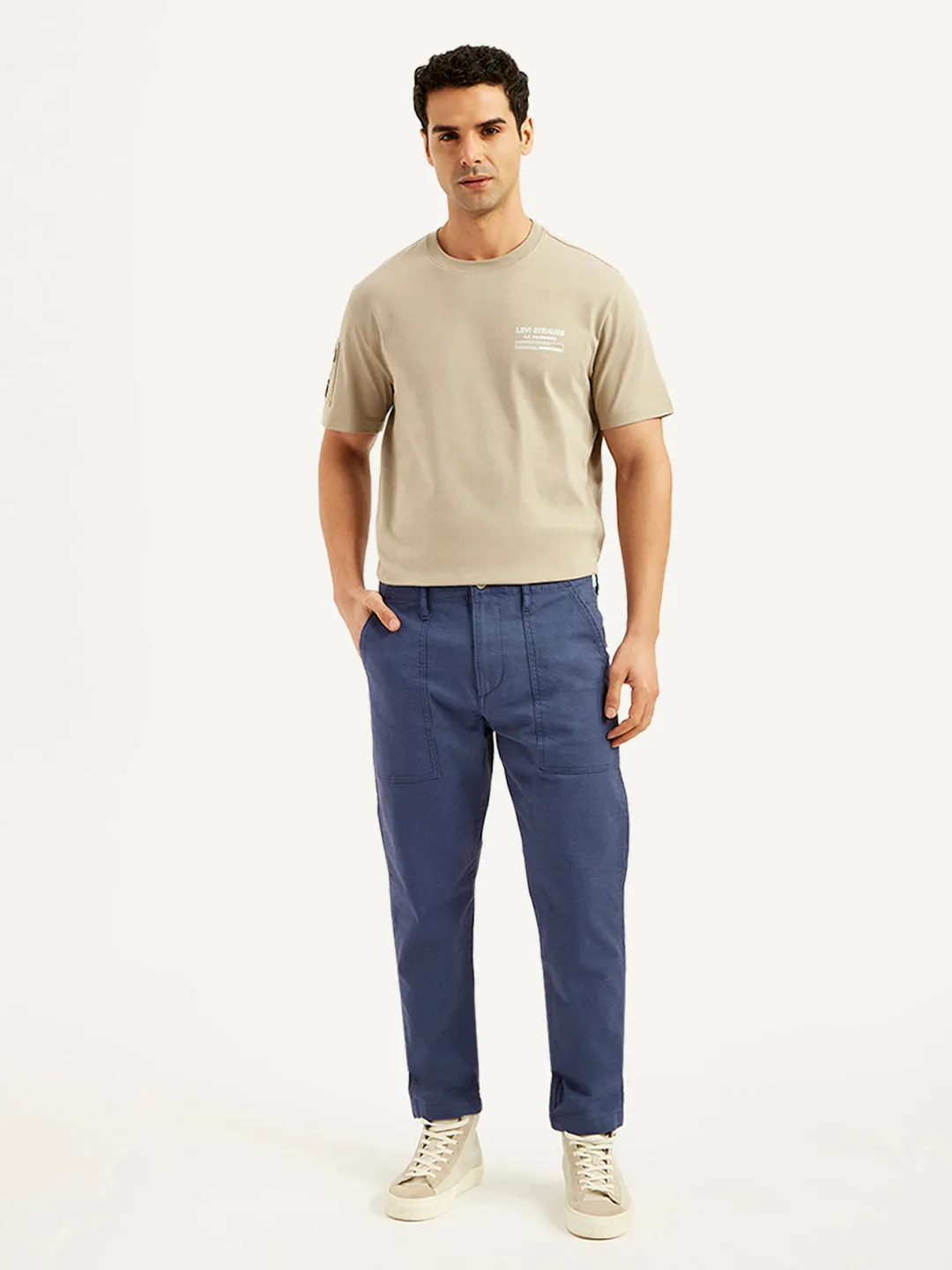 Men's Blue Slim Tapered Fit Utility Linen Trousers