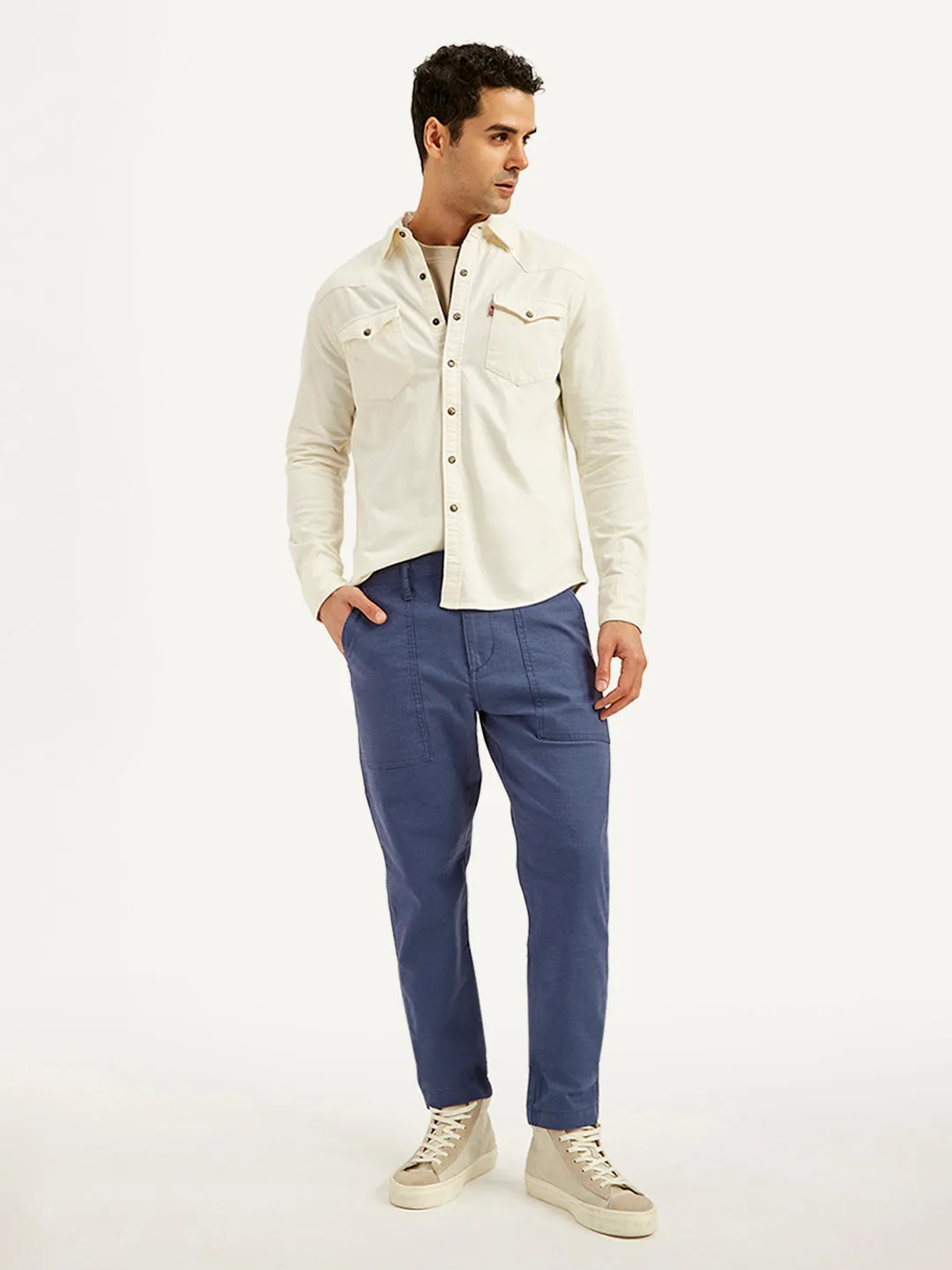 Men's Blue Slim Tapered Fit Utility Linen Trousers
