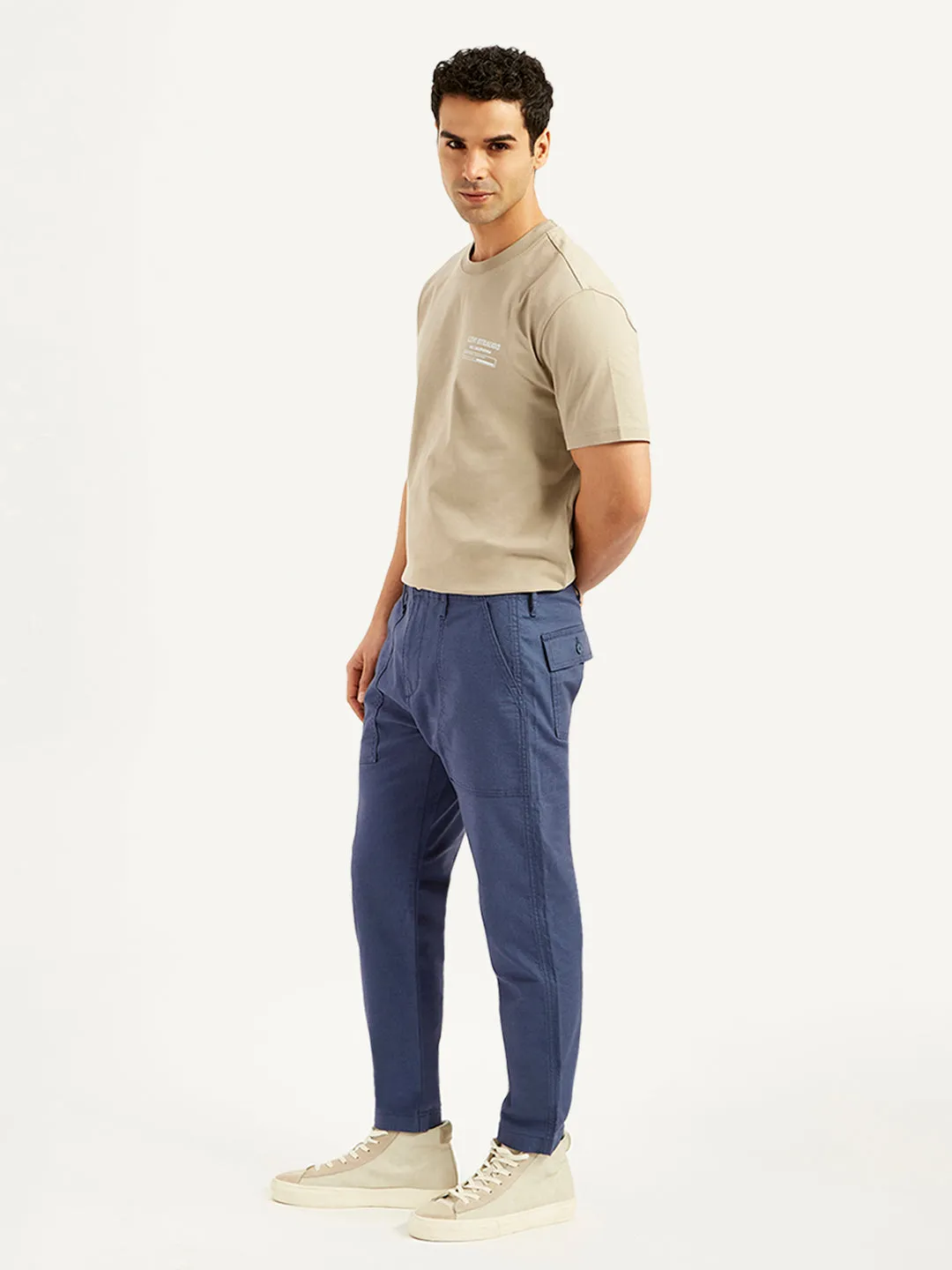 Men's Blue Slim Tapered Fit Utility Linen Trousers