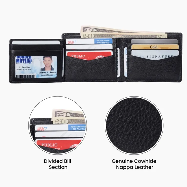 Men's Leather RFID Bifold Wallet 2 ID Windows & Divided Bill Section