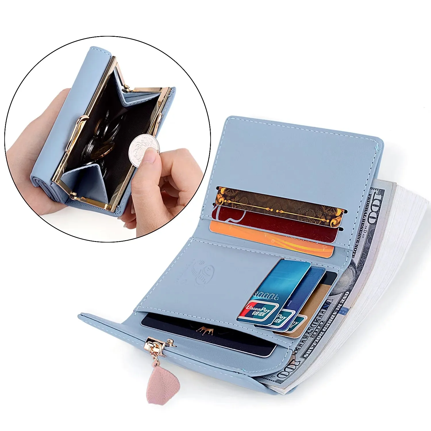 Small Wallet for Women PU Leather RFID Blocking Coin Purse Card Holder Trifold Ladies Purse Leaf Pendant(Light Blue)