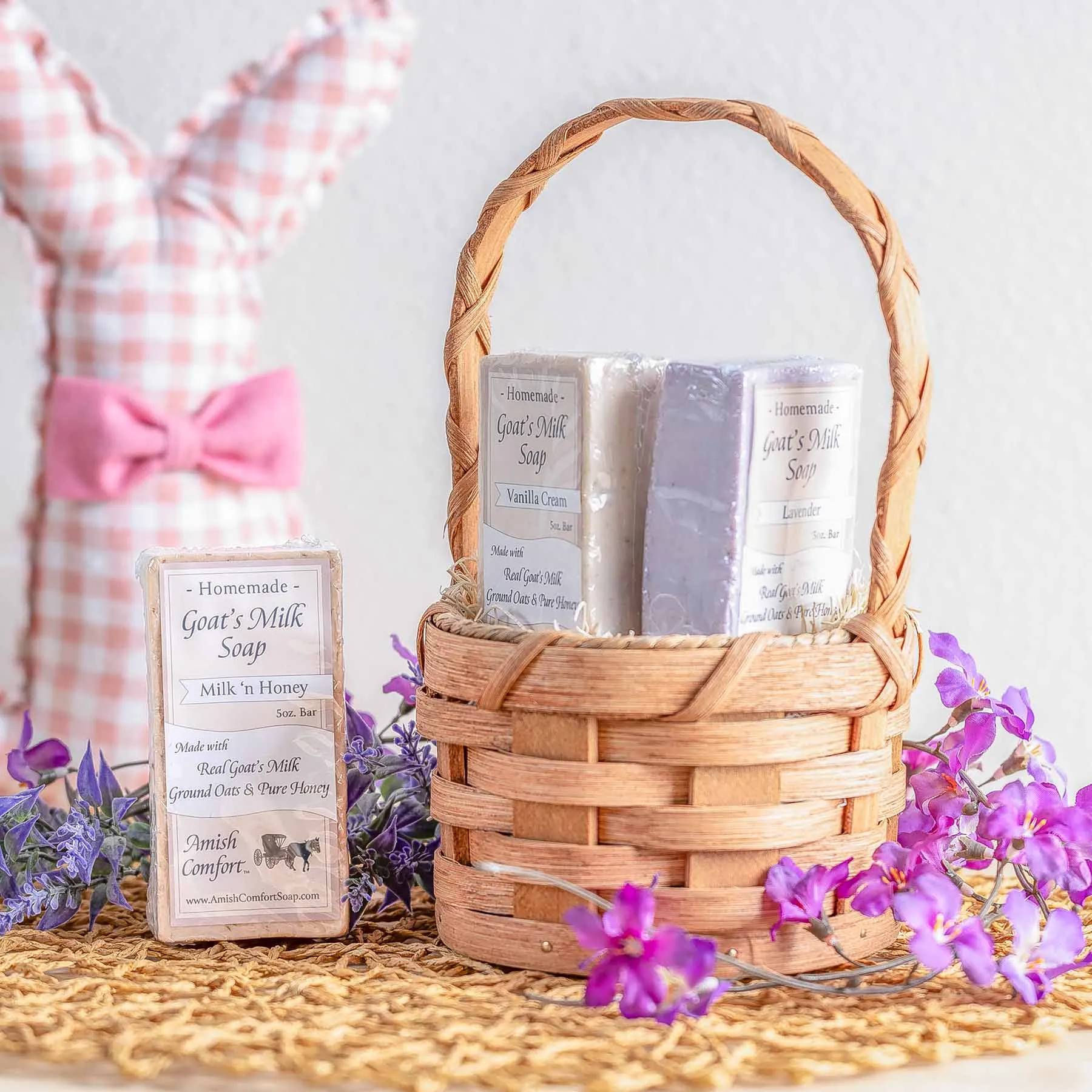 Wood-Handled Goat Soap Basket | Gift Basket w/3 Amish Soaps